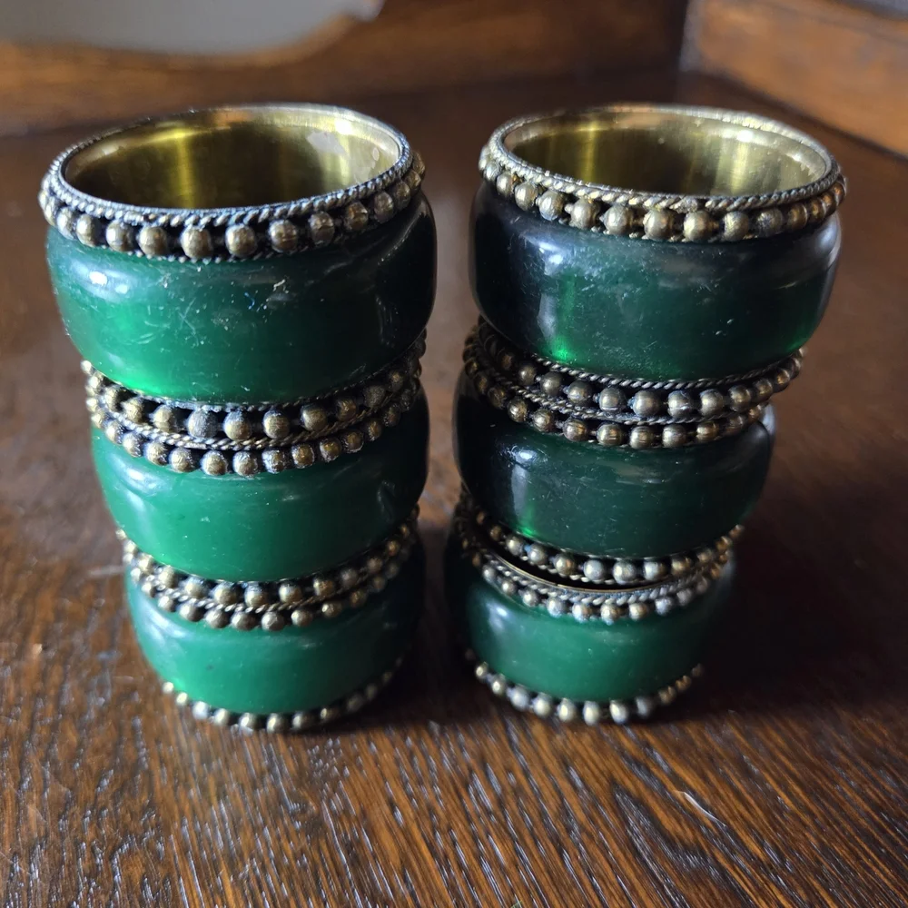 Emeraled Green and Brass Napkin Rings Set Of 6